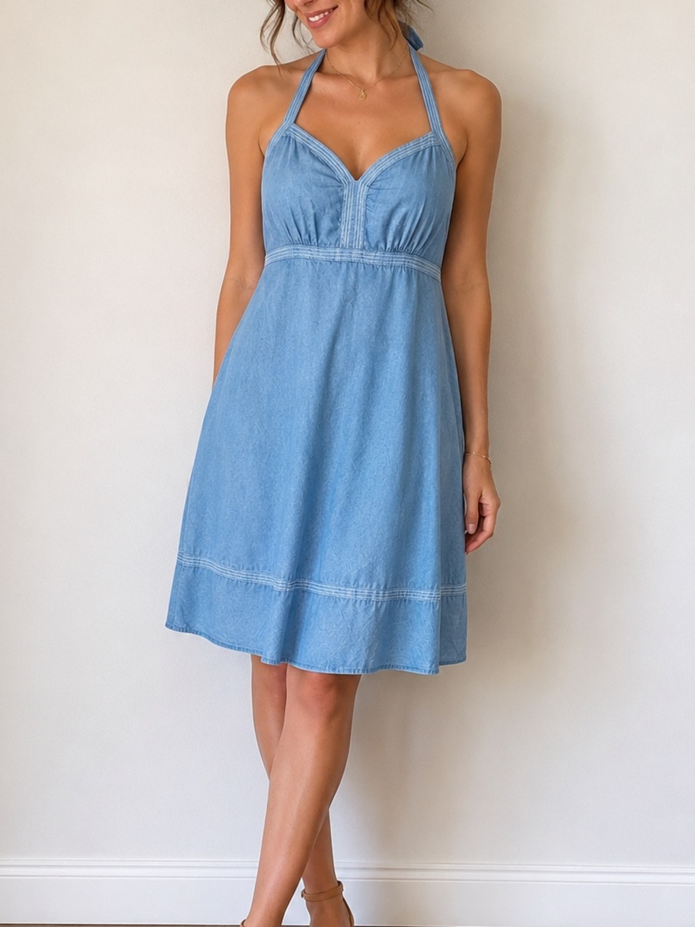 Ann Taylor Loft 100% Cotton Halter Dress Size 6 Light Blue Open Back